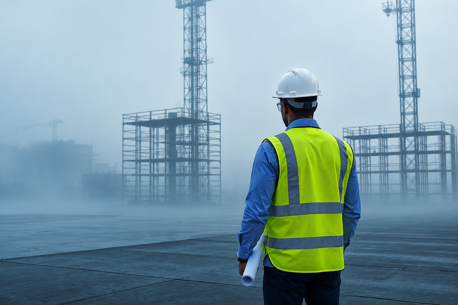 Site foreman surveying a foggy construction site at dawn